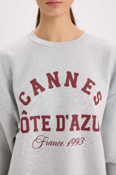 Oversize Geniş Kalıp Bisiklet Yaka Baskılı Kalın Sweatshirt