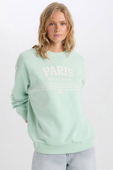 Oversize Fit Slogan Printed Thick Casual Sweatshirt