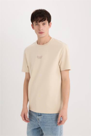 Regular Fit Футболка с круглым вырезом и принтованным слоганом, из плотной ткани, короткий рукав