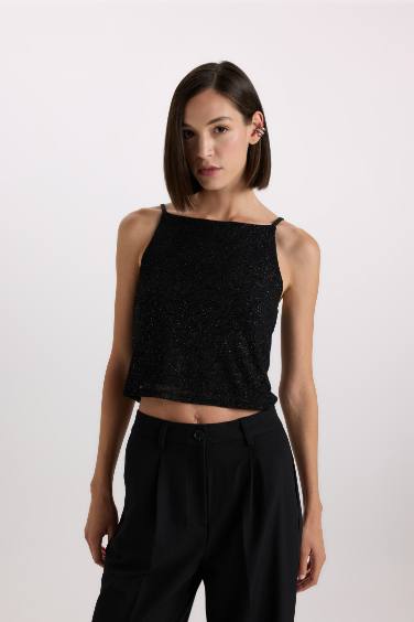 Slim Fit Embroidered Tulle U Collar Strappy Tank Top