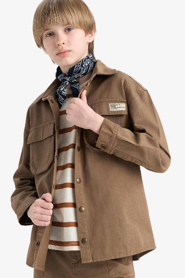 Boy Oversize Fit Polo Collar Gabardine Long Sleeve Shirt