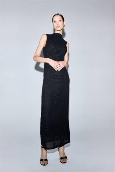 Fitted Embroidered Velvet Sleeveless Maxi Dress