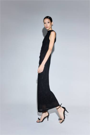 Fitted Embroidered Velvet Sleeveless Maxi Dress