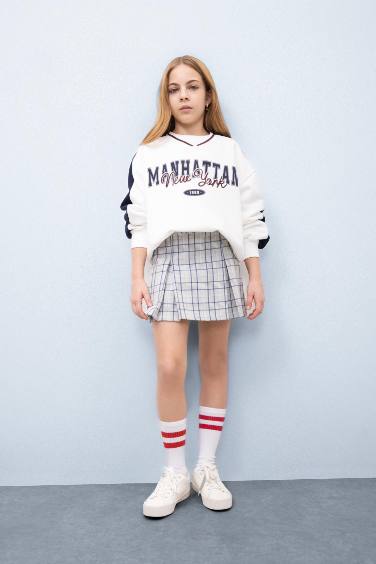 Oversize Geniş Kalıp Bisiklet Yaka Baskılı Sweatshirt Kız Çocuk