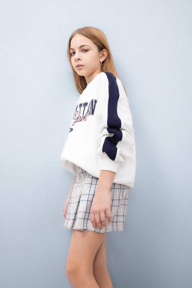 Oversize Geniş Kalıp Bisiklet Yaka Baskılı Sweatshirt Kız Çocuk