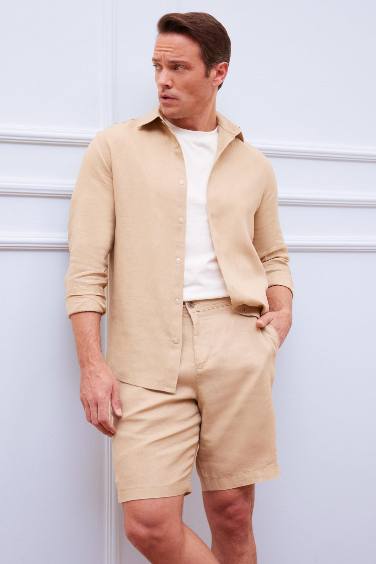 Regular Fit Поло Воротник Льняная Летняя Длинный Рукав Рубашка