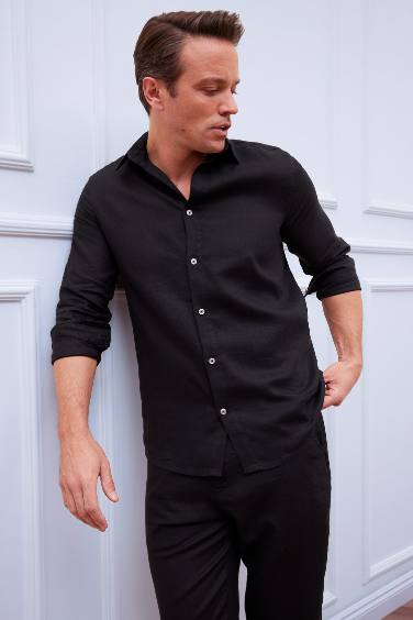 %100 Keten Regular Fit Polo Yaka Yazlık Uzun Kollu Gömlek