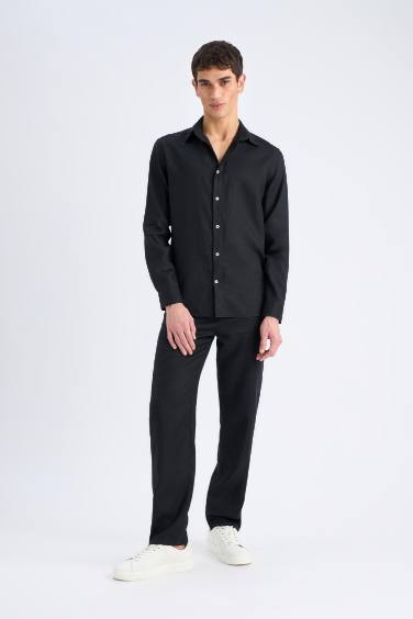 %100 Keten Regular Fit Polo Yaka Yazlık Uzun Kollu Siyah Gömlek