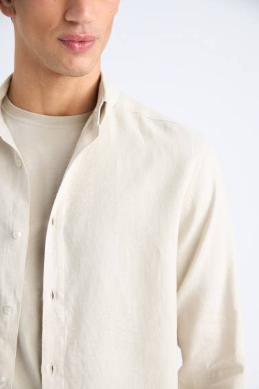 %100 Keten Regular Fit Polo Yaka Yazlık Uzun Kollu Gömlek