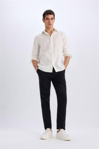 %100 Keten Regular Fit Polo Yaka Yazlık Uzun Kollu Beyaz Gömlek