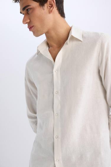 %100 Keten Regular Fit Polo Yaka Yazlık Uzun Kollu Beyaz Gömlek