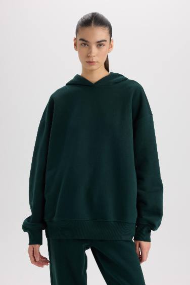 Relax Fit Kapüşonlu Kalın  Basic Düz Sweatshirt