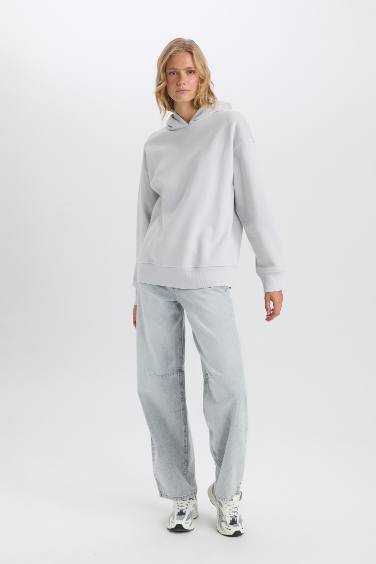 Relax Fit Kapüşonlu Kalın Basic Düz Sweatshirt