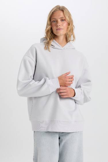 Relax Fit Kapüşonlu Kalın Basic Düz Sweatshirt