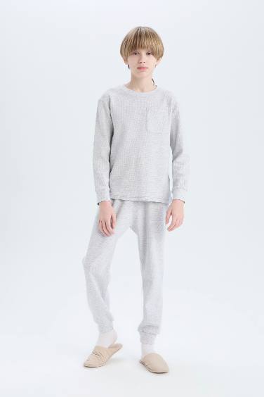 Boy Waffle Crew Neck Top Bottom 2 Piece Pajama Set