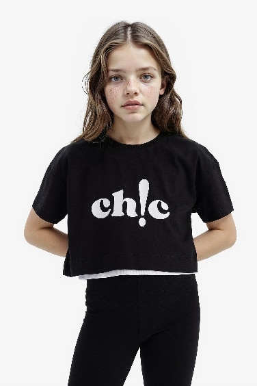 Girl Crew Neck Slogan Printed Short Sleeve T-shirt