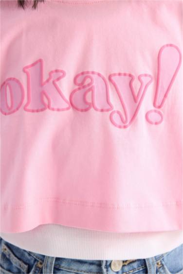 تيشيرت بنات نص كم مطبوع برقبة مستديرة