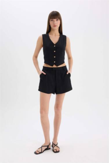 Шорты из Льняной Смеши с Высокой Посадкой и Стандартными Ногами