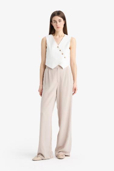 Wide Leg Geniş Paça Uzun Boy Keten Karışımlı Kumaş Palazzo Pantolon