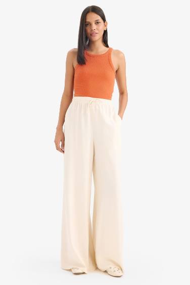 Wide Leg High Waist Linen Blend Fabric Trousers