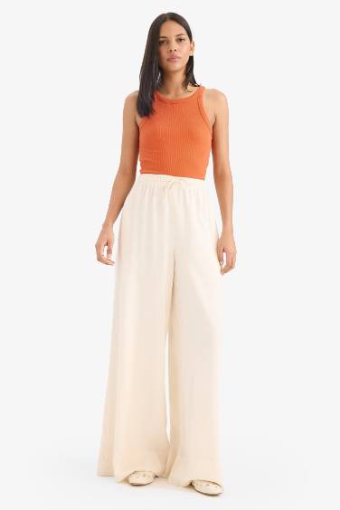 Wide Leg High Waist Linen Blend Fabric Trousers