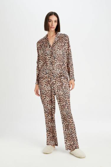 Fall in Love Pijama Takım Saten Leopar Desenli Uzun Kollu Üst Beli Lastikli Alt