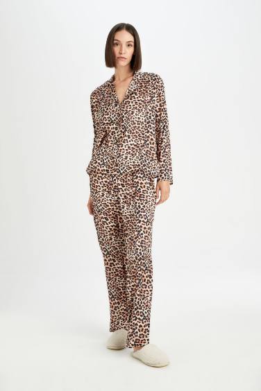 Pijama Takım Saten Leopar Desenli Uzun Kollu Üst Beli Lastikli Alt-Fall in Love