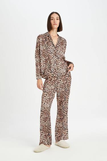 Pijama Takım Saten Leopar Desenli Uzun Kollu Üst Beli Lastikli Alt-Fall in Love