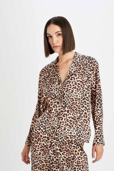 Pijama Takım Saten Leopar Desenli Uzun Kollu Üst Beli Lastikli Alt-Fall in Love