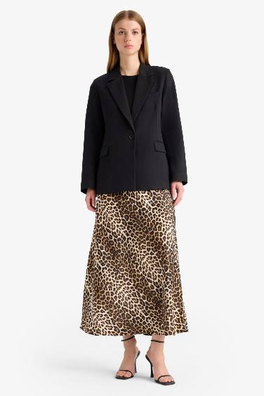 A Cut Animal Print Satin High Waist Maxi Skirt