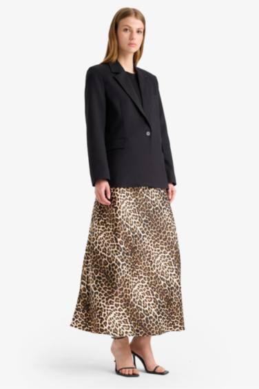 A Cut Animal Print Satin High Waist Maxi Skirt