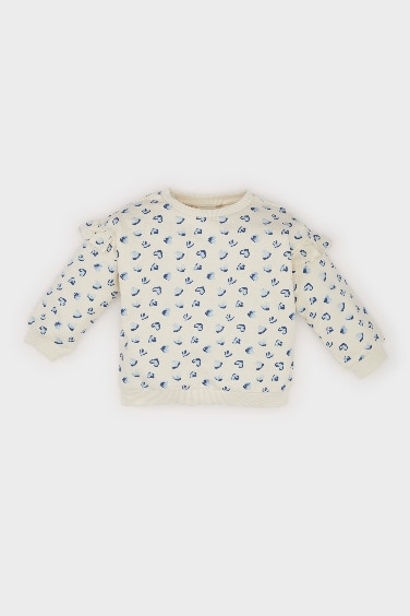 Baby Girl Crew Neck Heart Patterned Sweatshirt