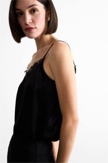 New Year's Themed Basic V Neck Satin Suspender Blouse