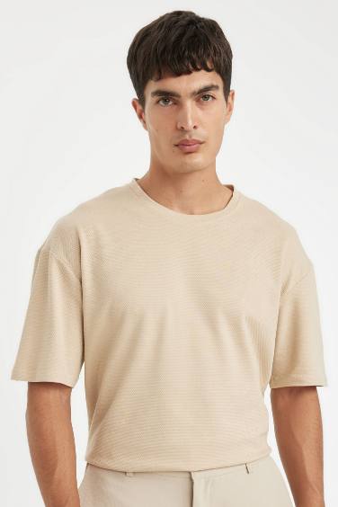 Beige Boxy Fit Crew Neck Waffle Fabric Cotton Basic T-Shirt