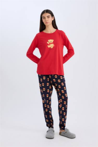 Fall in Love Teddy Bear Printed Top Pajama Bottom 2 Piece Pajama Set