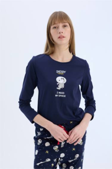 Fall in Love Snoopy Pijama Takımı Regular Fit Uzun Kollu Üst Beli Lastikli Uzun Alt