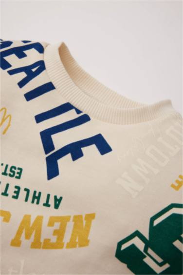 2'li Takım Baskılı Sweatshirt Beli Lastikli Kargo Cepli Eşofman Altı Erkek Bebek