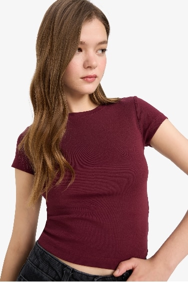 Fitted Bisiklet Yaka Ribana Kısa Kollu Tişört