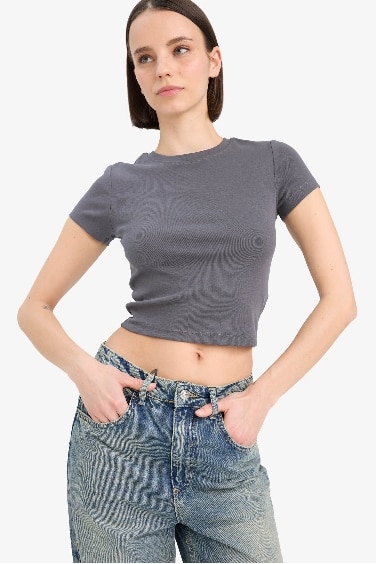 Coool Fitted Basic Düz Ribana Kısa Kollu Tişört