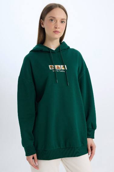 Relax Fit Baskılı Kapüşonlu İçi Yumuşak Tüylü Kalın Kumaşı Sweatshirt Tunik