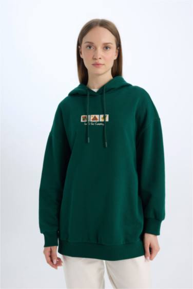 Relax Fit Baskılı Kapüşonlu İçi Yumuşak Tüylü Kalın Sweatshirt Tunik