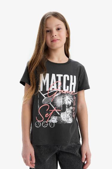 تيشيرت نص كم مطبوع قصة عادية برقبة مستديرة