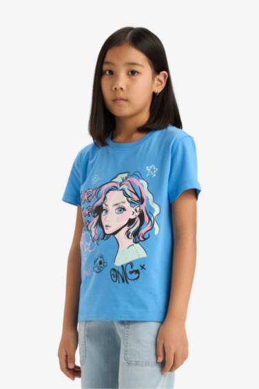 Girl Regular Fit Crew Neck Anime Printed T-Shirt