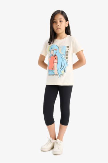 Girl Crew Neck Anime Printed Short Sleeve T-Shirt
