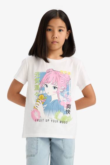 Kız Çocuk Bisiklet Yaka Anime Baskılı Kısa Kollu Tişört