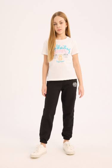 تيشيرت بنات نص كم مطبوع قصة عادية برقبة مستديرة