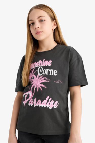 تيشيرت بناتي نص كم قصة مريحة برقبة مستديرة