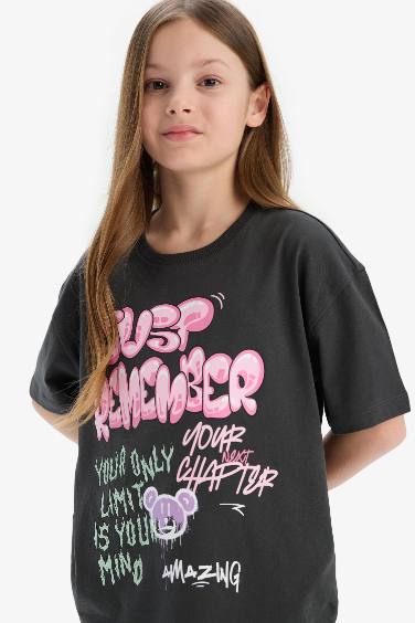 Girl Oversize Fit Crew Neck Slogan Printed T-Shirt