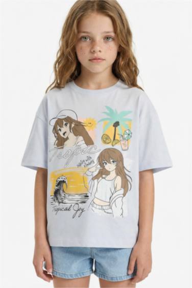 تيشيرت بناتي نص ردن بطبعة شعار اوفر سايز بياخة مستديرة