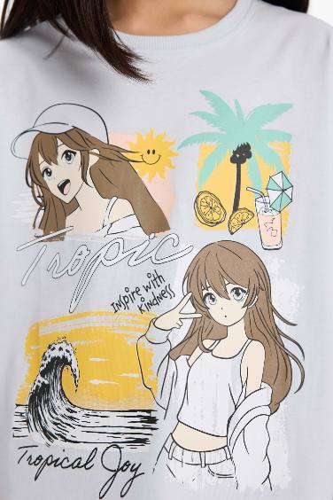 تيشيرت بناتي نص ردن بطبعة شعار اوفر سايز بياخة مستديرة